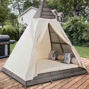 Zevemomo Outdoor Daybed with Colorful Pillows, Rattan Wicker Patio Sunbed Furniture Seating with Soft Cushions for Poolside Backyard, Brown Beige - 1 of 4