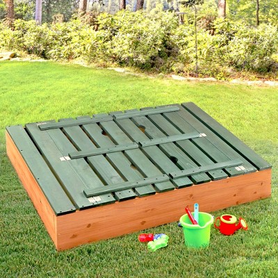 Natural Green Cedar Wood Square Sandbox with Convertible Bench Seats