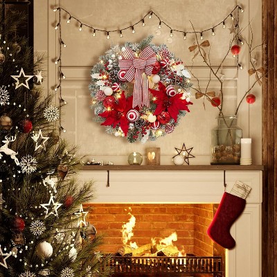 24" Lighted Christmas Wreath for Front Door, Pre-Lit Red & White Wreath with Ornaments, Artificial Flowers & Bow,Red and White