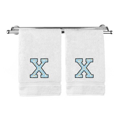 BC BARE COTTON Monogrammed Hand Towels, Personalized Gift, Set of 2 - Embroidered Writing with Light Blue