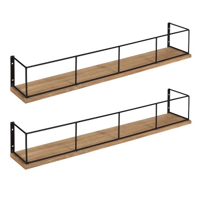 24" Rustic Brown and Black Wood & Metal Floating Wall Shelf Set