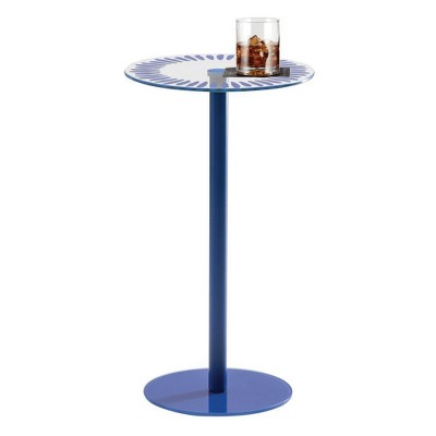 iDesign Round Pedestal Drink Table for Small Spaces, Clear/Blue Stripes