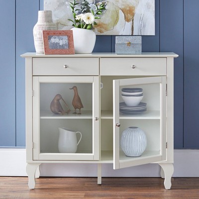 Petite Queen Anne Polished White Glass-Front Buffet with Storage