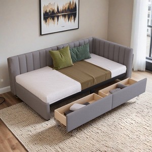 Twin Size Daybed with Storage Drawers, Upholstered Day Bed Frame Mid Century Linen Sofa Beds with Vertical Channel Tufted Headboard - Leovsnove - 1 of 4