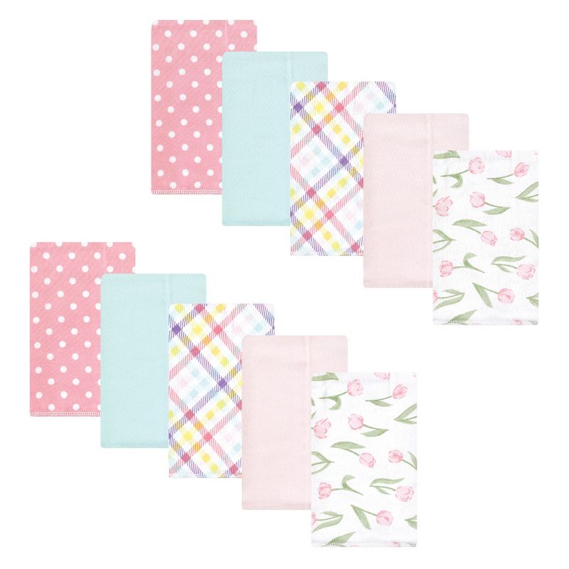 Hudson Baby Infant Girl Cotton Flannel Burp Cloths, Pink Tulips, One Size, 1 of 8
