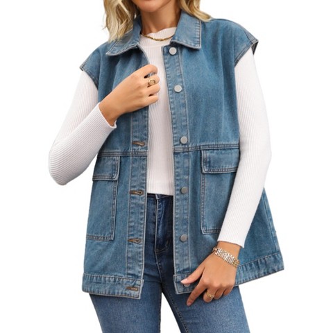 INSPIRE CHIC Women's Oversized Collared Button Down Sleeveless Long Denim Jacket Grey Blue Large