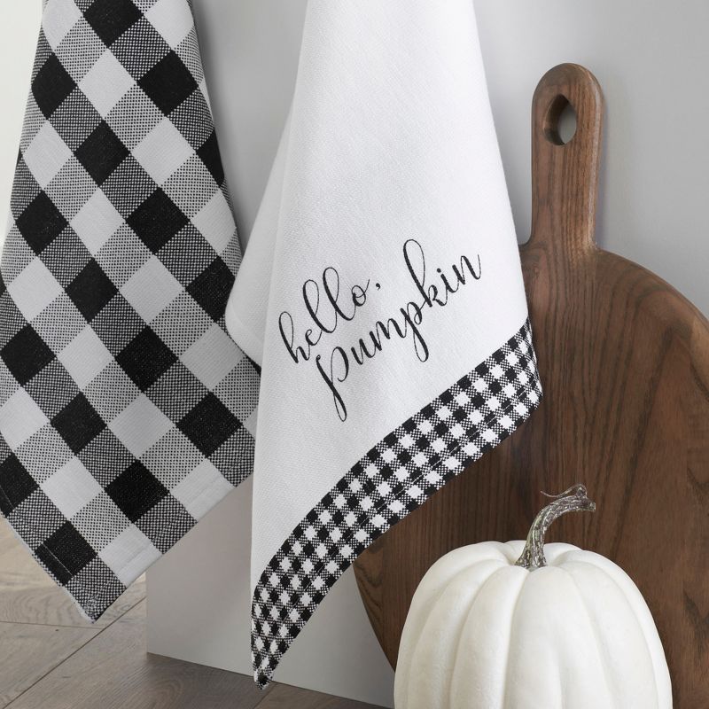 Hello Pumpkin and Check Kitchen Towel Set of 2 - 18" x 28" - Black/White - Elrene Home Fashions, 3 of 4