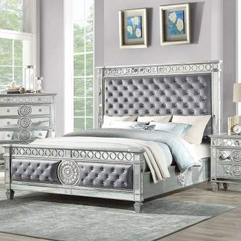 90" Queen Bed Varian Bed Gray Velvet and Mirrored - Acme Furniture