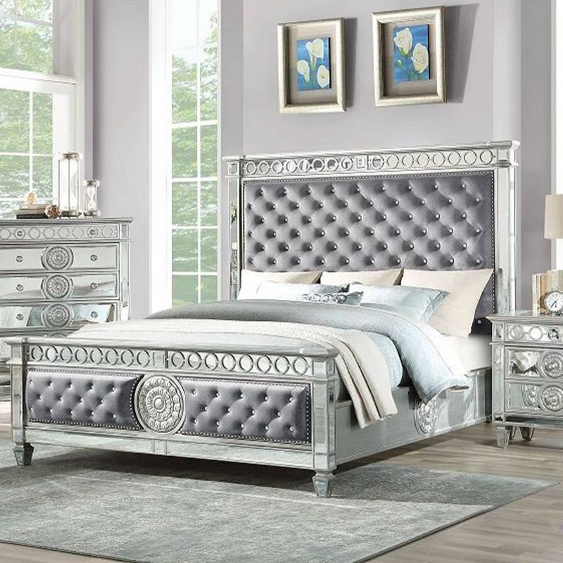 90&#34; Queen Bed Varian Bed Gray Velvet and Mirrored - Acme Furniture, 1 of 7
