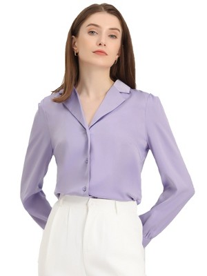 Allegra K Women's Elegant Collar V Neck Long Sleeve Work Office Satin Button Down Shirt