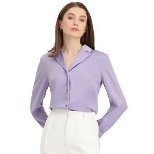 Allegra K Women's Elegant Collar V Neck Long Sleeve Work Office Satin Button Down Shirt - 1 of 4