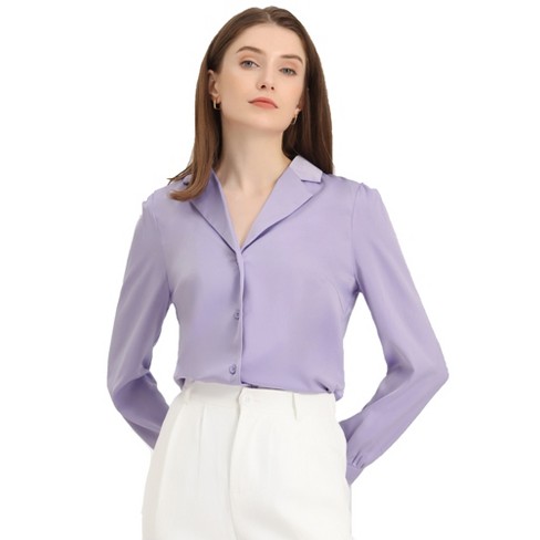 Allegra K Women's Elegant Collar V Neck Long Sleeve Work Office Satin Button  Down Shirt Light Purple Medium : Target