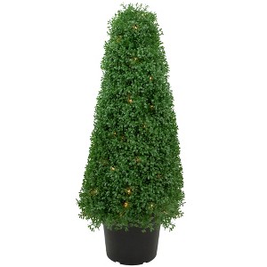 Northlight 3' Pre-Lit Artificial Boxwood Cone Topiary Tree with Round Pot, Clear Lights - 1 of 4