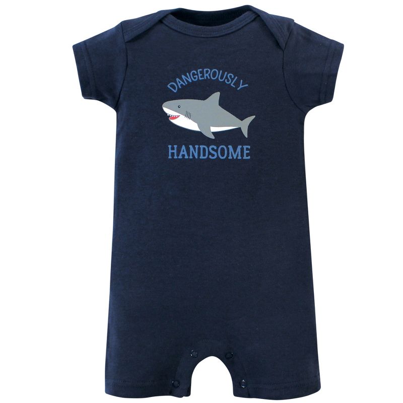Hudson Baby Infant Boy Cotton Rompers 3pk, Shark, 3 of 6