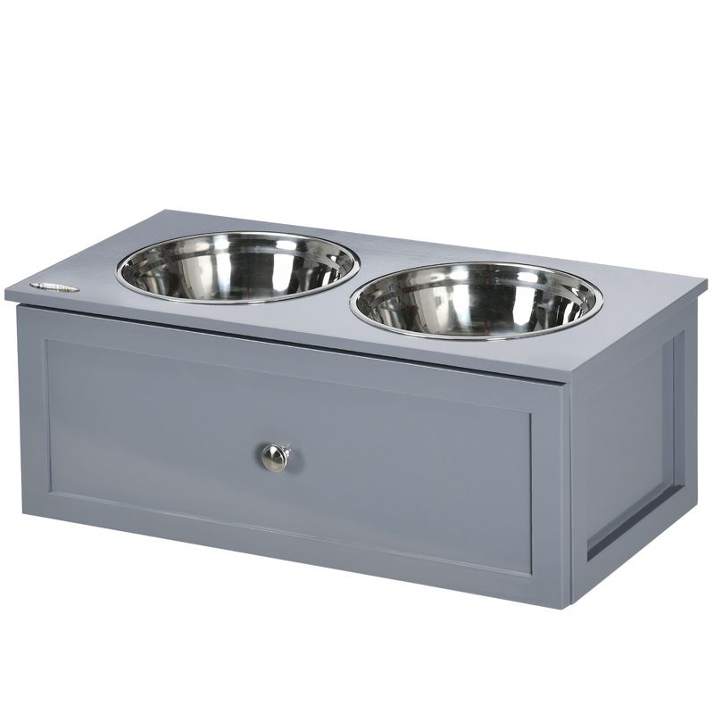 PawHut Elevated Dog Bowls, Raised Dog Bowl Stand with Storage, 2 Stainless Steel Bowls, Pet Feeding Station for Medium Dogs, Indoor Use, Gray, 4 of 7