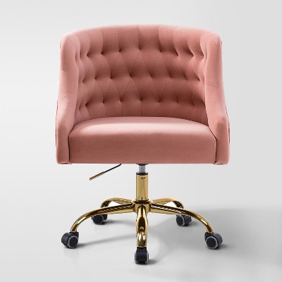 Anika Velvet Height-adjustable Swivel Task Office Chair with Button-tufted Back and Gold Base | Karat Home
