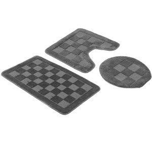 Home Mart Goods Grey Bath Set 3 Piece Anti-Slip Checkered Bathroom Mat, Large Contour Mat & Toilet Seat Lid Cover - 1 of 3
