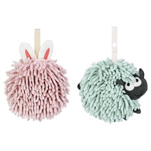 REGALWOVEN 2 Packs Cute Sheep Shape Absorbent Fast Drying Chenille Hand Towels with Hanging Loop 7" x 7" - 1 of 4