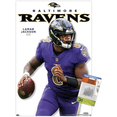 Trends International NFL Baltimore Ravens - Lamar Jackson Feature Series 23  Unframed Wall Poster Print Clear Push Pins Bundle 14.725 x 22.375