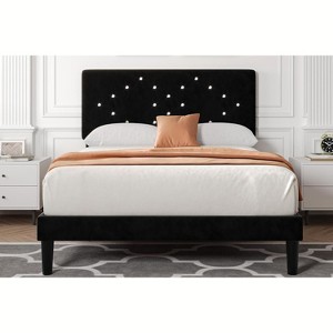 Velvet Bed Frame, Upholstered Platform Bed with Button Tufted Headboard & Under-Bed Storage Space, Sturdy Wooden Slats Support, No Box Spring Needed - 1 of 4
