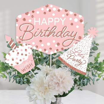 Big Dot of Happiness Pink Rose Gold Birthday - Happy Birthday Party Centerpiece Sticks - Table Toppers - Set of 15