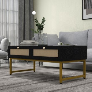 46" Rattan Coffee Table - Mid-Century Modern Design, Metal Frame, 2 Drawers for Storage, and Durable Construction - 1 of 4