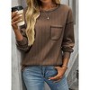 Coolmee Women's Fall Winter T-Shirts Casual Loose Fit Long Sleeve Solid Blouse Ribbed Knit Round Neck with Front Pocket Tee Tops M Brown - 3 of 4