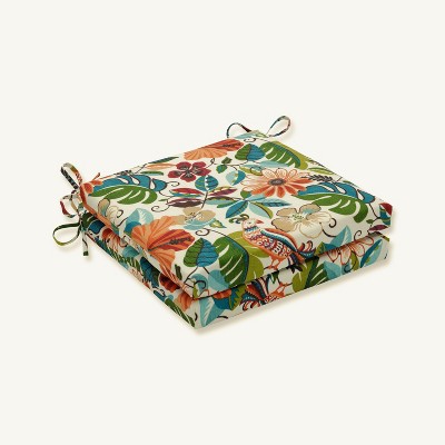 Lensing Jungle 2pc Indoor/Outdoor Squared Corners Seat Cushion - Pillow Perfect: Tropical Pattern, Tie-On, Weather & Fade Resistant