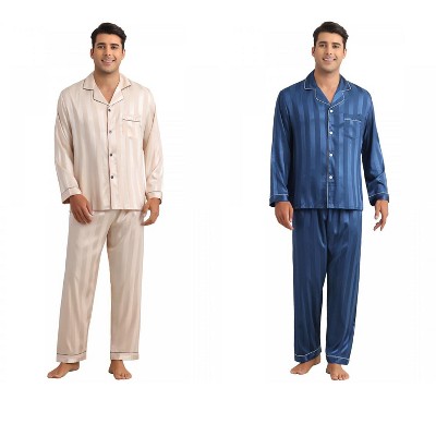 INSPIRE CHIC Men's 2 Pack Satin Pajamas Set Casual Long Sleeve Striped Button Sleepwear