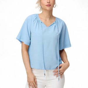 Anna-Kaci Women's Short Sleeve V-Neck Blouse with Gathered Shoulder Detail and Long Neck Tie Accent - 1 of 4