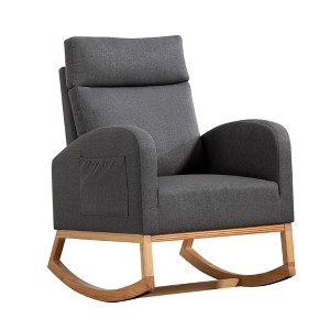 Rocking Chair Nursery with Headrest, Linen Upholstered Glider Rocking Chair with Rubber Wood Legs and Side Pocket, Modern Accent Armchair - 1 of 4