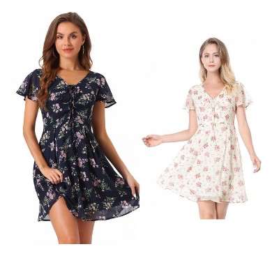 Allegra K Women's Floral Printed Flare Short Sleeve Lace-up V Neck A-Line Chiffon Dress 2 Packs