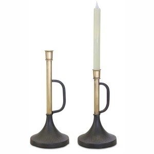 HomeRoots Set of Two Black And Gold Distressed Metal Tabletop Taper Candlesticks - 1 of 4