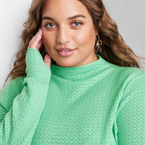 Women's Mock Turtleneck Pointelle Pullover Sweater - Wild Fable™ Mint Green  3x : Target