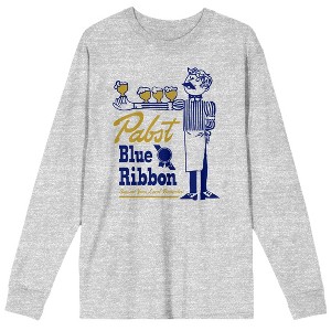 Pabst Blue Ribbon Bartender With Beer Men's Athletic Heather Long Sleeve Shirt - 1 of 2