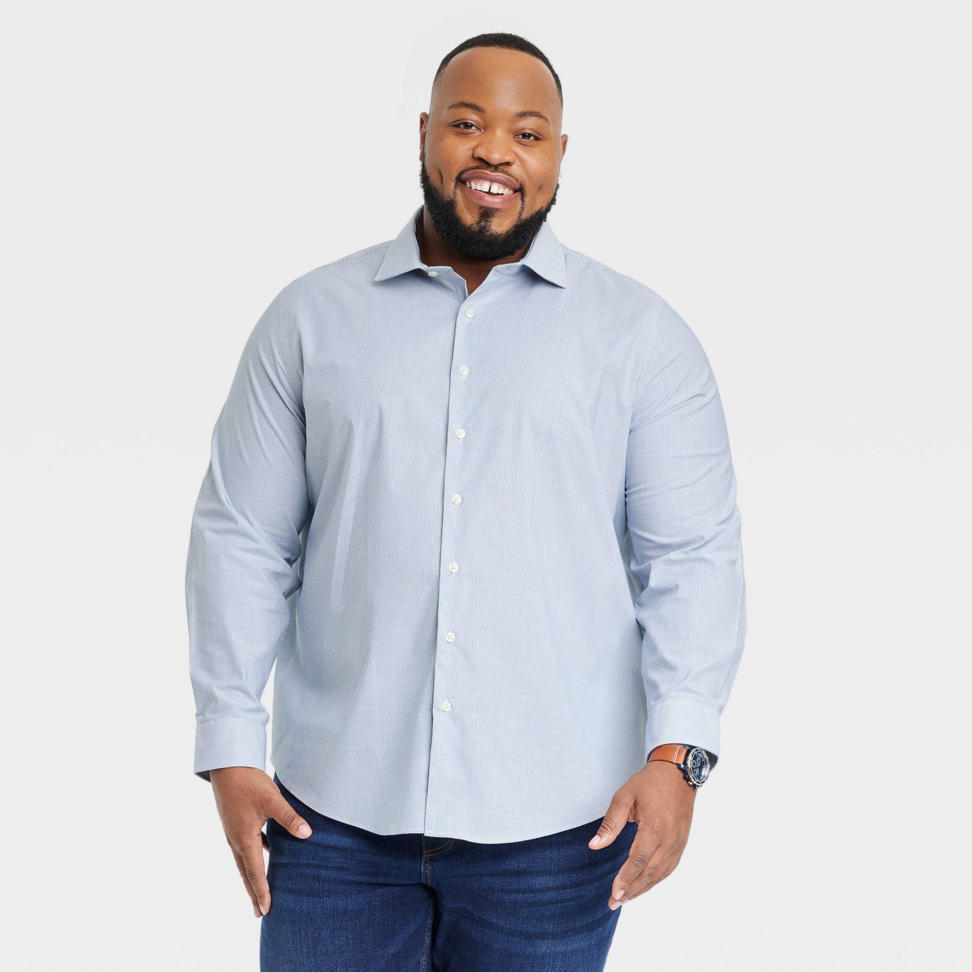 Men's Tall Performance Long Sleeve Button-Down Dress Shirt - Goodfellow & Co™ Light Navy Blue LT: Cotton Blend