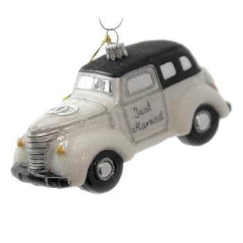 Holiday Ornaments Just Married Car  -  One Ornament 2.5 Inches -  Limo Wedding  -  065315  -  Glass  -  White