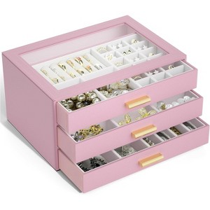 Leather Jewelry Box with Clear Lid, 2-Drawer Storage Organizer Case for Necklaces, Rings, Earrings, Bracelets - 1 of 4