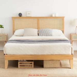 Rattan Bed Frame Full Size/Queen Size Boho Bed Frame w/Natural Rattan Headboard, Full Size Bed w/ Lights, Wooden Support Legs and Slats - 1 of 4