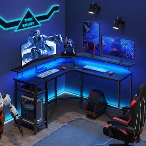 Greenstell L Shaped Desk - Black Reversible Computer Desk with LED Lights, Power Outlets, Monitor Stand & Storage - 1 of 4
