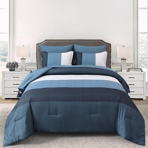 Der Rose BALHAM TRADE-Queen Size Striped Comforter Set 7 Piece Bed in a Bag Boho Black Grey Striped Navy Blue Queen 90"x90"