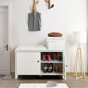 Shoe Storage Bench Cabinet, with PU Cushion Double Doors Movable Drawer Multifunctional Wooden Entrance Storage Bench for Door Entrance Hallway - 1 of 4