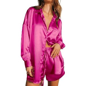 Ekouaer Womens 2 Piece Satin Pajama Set Long Sleeve PJs Sets Button Down Lounge Sets Soft Sleepwear Set - 1 of 4