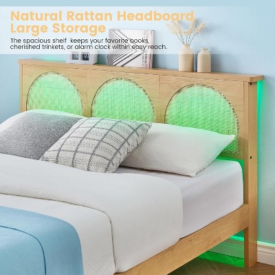 Full Natural Rattan Bed Frame with LED Headboard and Storage Drawers