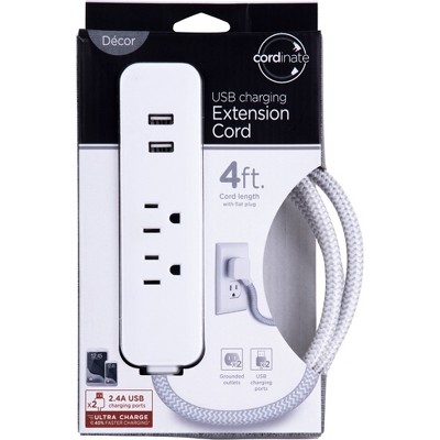 Cordinate 4&#39; 2 Outlet 2 USB 2.4A Extension Cord Braided Gray/White_6