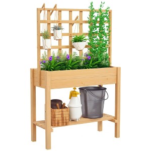 Outsunny Wooden Raised Planter Box with Trellis, Raised Flower Bed with Storage Shelf, Outdoor Garden Planter for Vegetables, Flowers, Herbs - 1 of 4