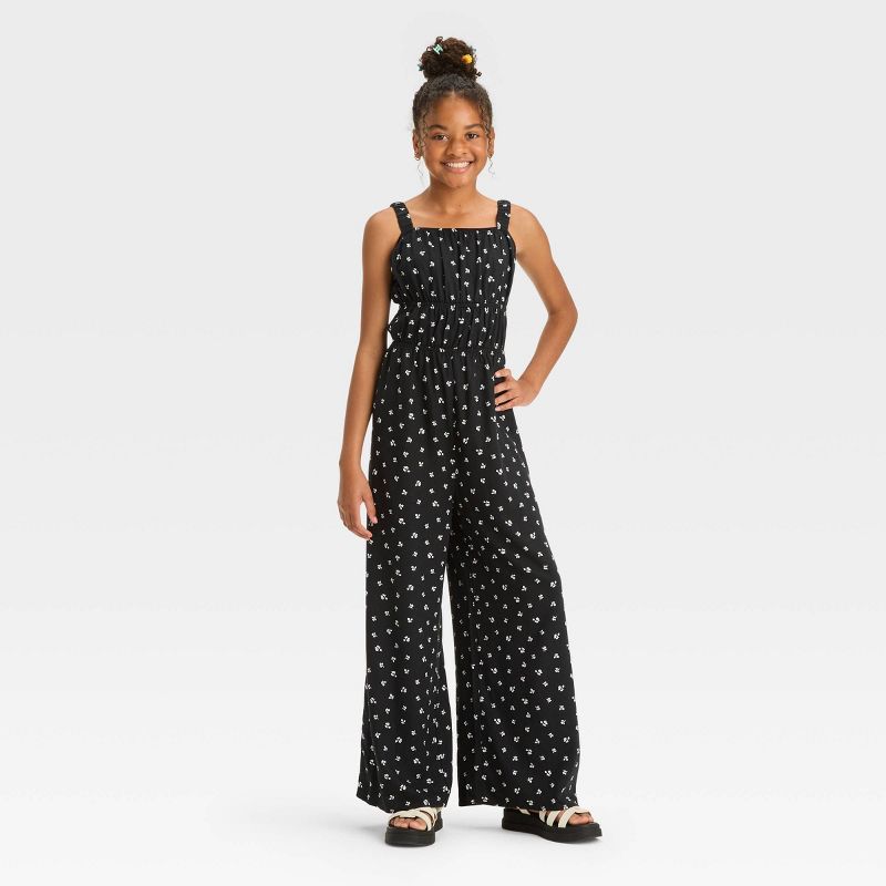 Girls' Ruched Waist and Strap Cut Out Back Floral Printed Jumpsuit - art class™, 1 of 5