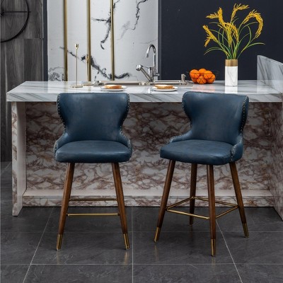 Nevis Blue Faux Leather Tufted Counter Stools with Walnut Legs, Set of 2