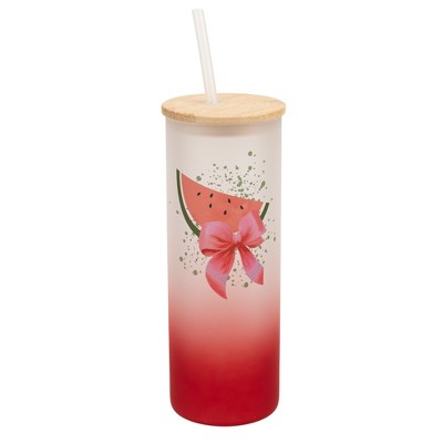 Elanze Designs 25 Ounce Frosted Glass Gradient Travel Tumbler With Straw and Wooden Lid, Watermelon Red