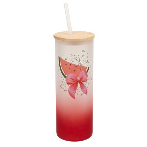 Elanze Designs 25 Ounce Frosted Glass Gradient Travel Tumbler With Straw and Wooden Lid, Watermelon Red - 1 of 1
